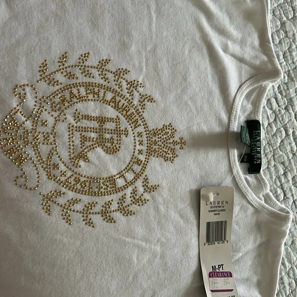 Lauren Ralph Lauren White Tee with Emblem Gold Design - Picture 3 of 4